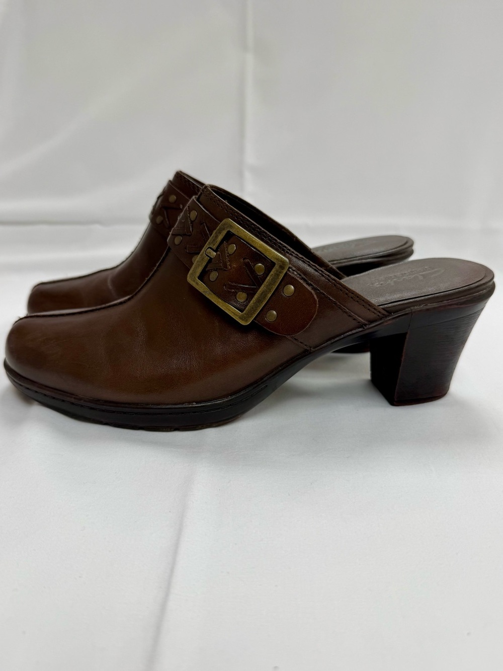 Clarks Bendables Brown Leather Mule Clogs Heeled Slip On Shoes Size 9M
